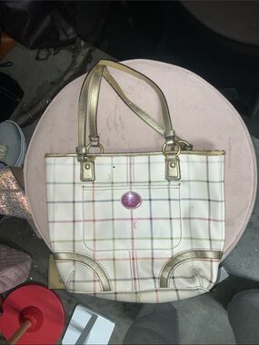 Coach Plaid Tote Bag with Gold Handles